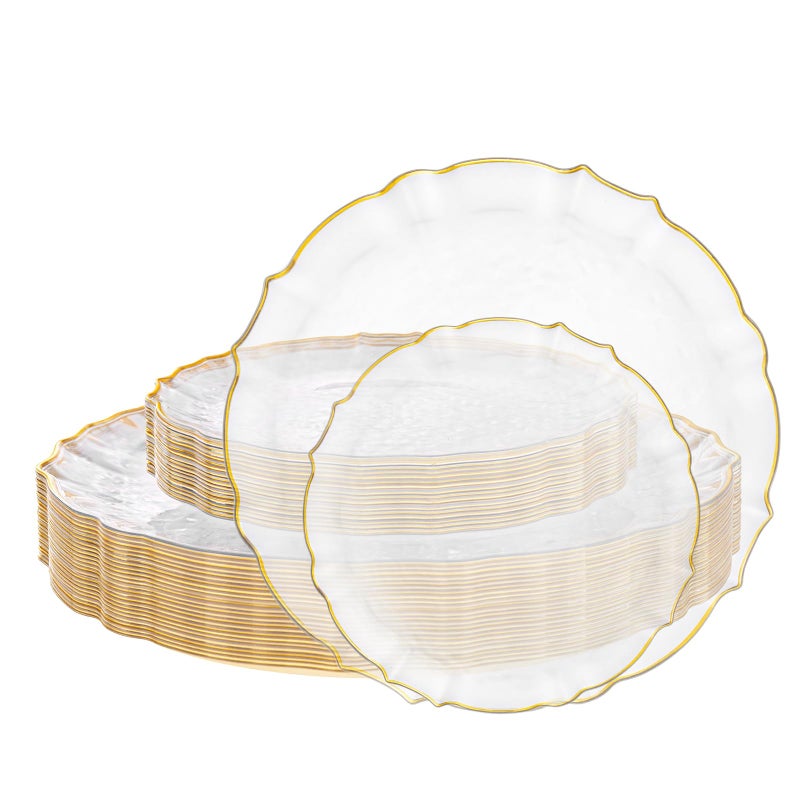 bUCLA 40PCS Clear and Gold Plastic Plates Fancy LaceEdge Clear Plates with Gold Trim Hammered Disposable Include 20 EachDinnerDessert for Party Wedding